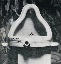 Figure 1.2: Fountain by Marcel Duchamp. Fountain is an example of a Readymade, where an artist sees something that already exists in the world then creatively repurposes it for art. Photo of Fountain by Alfred Stiglitz, 1917 (Source: Wikimedia Commons).